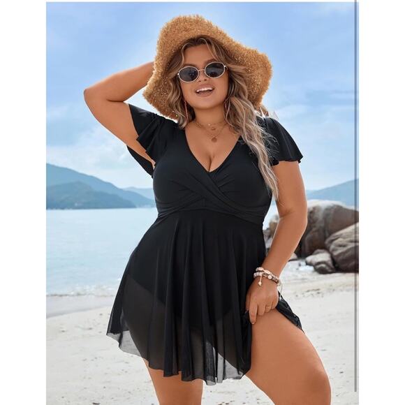 Women's Plus Size Bathing Suit One Piece Swim Dress Tummy Control XXL 2XL Black - Picture 2 of 8